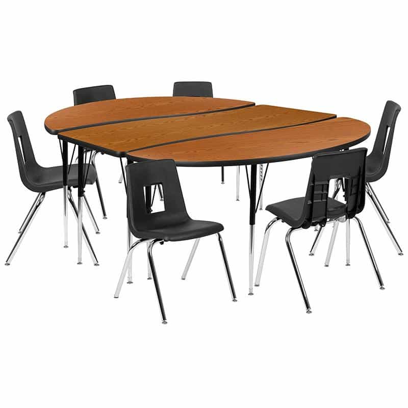86" Oval Wave Activity Table Set With 18" Student Stack Chairs, Oak/Black