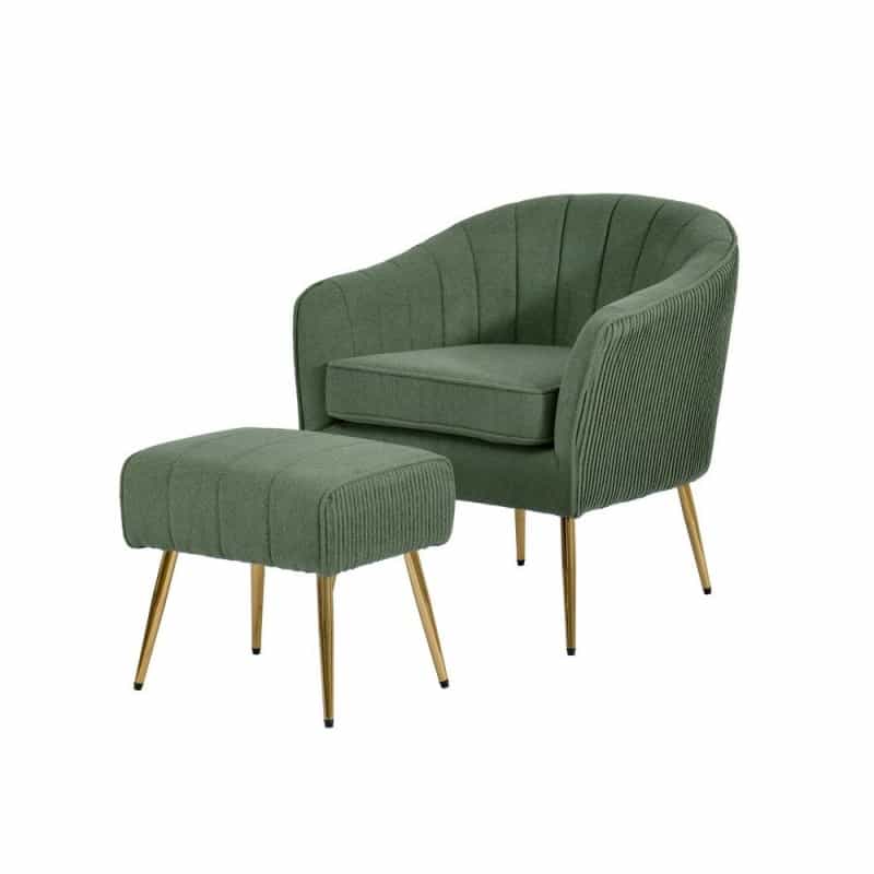 2 Piece Barrel Chair With Matching Ottoman In Green And Gold