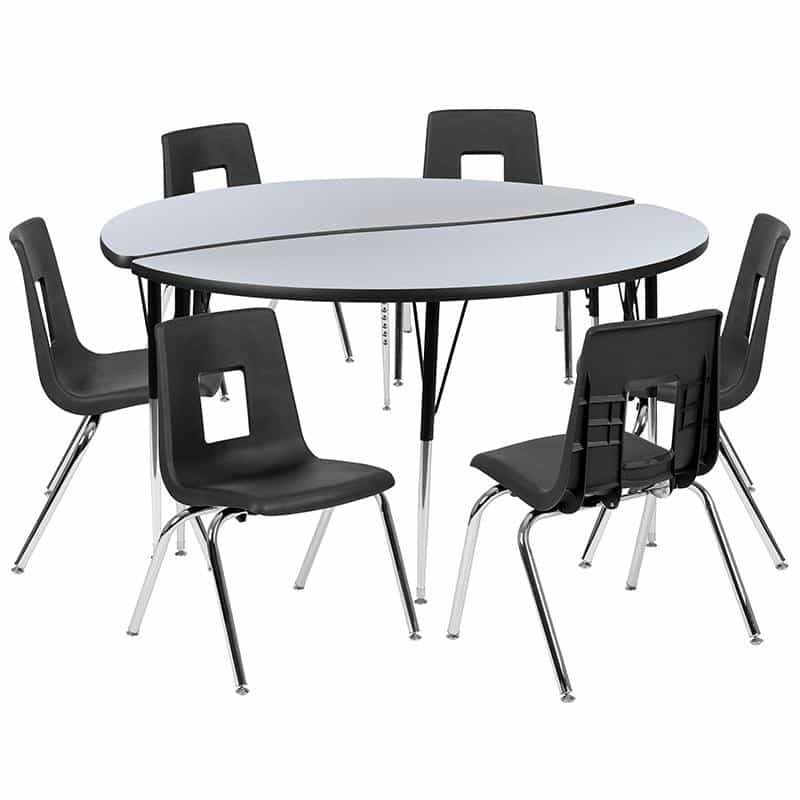 60" Circle Wave Activity Table Set With 18" Student Stack Chairs, Grey/Black