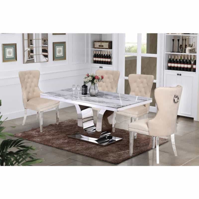 White Marble 5Pc Set Tufted Wingback Chairs In Cream Velvet