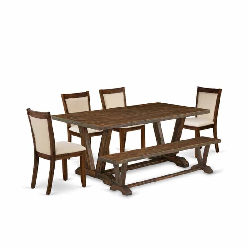 East West Furniture 6-Piece Modern Dining Set Consists Of A Rectangular Table And A Small Bench With 4 Light Beige Linen Fabric Dining Chairs With Stylish Back - Distressed Jacobean Finish