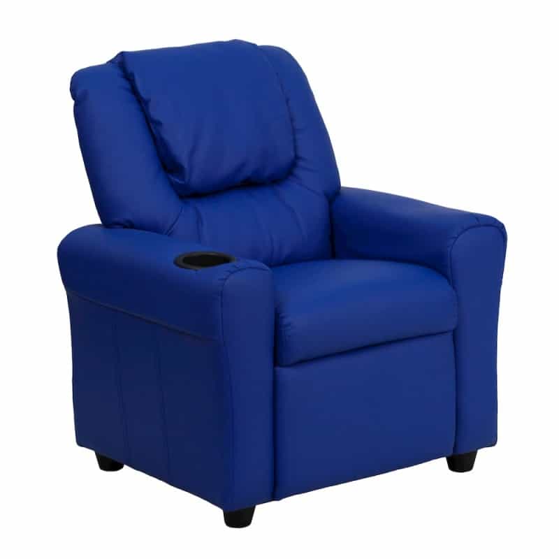 Contemporary Blue Vinyl Kids Recliner With Cup Holder And Headrest