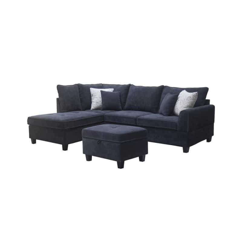 99.5"W Black Fabric Sectional Sofa With Left-Facing Chaise Storage Ottoman
