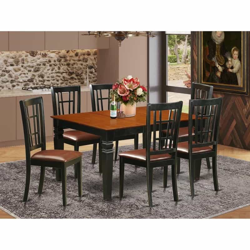 7 Pc Kitchen Table Set With A Kitchen Table And 6 Leather Dining Chairs In Black