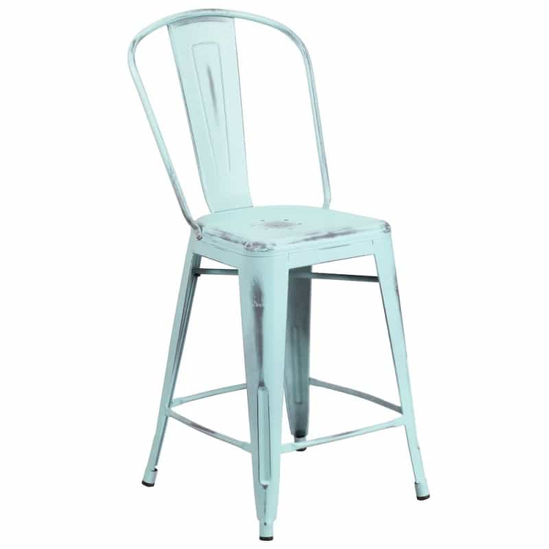 24" High Distressed Green-Blue Metal Indoor-Outdoor Counter Height Stool