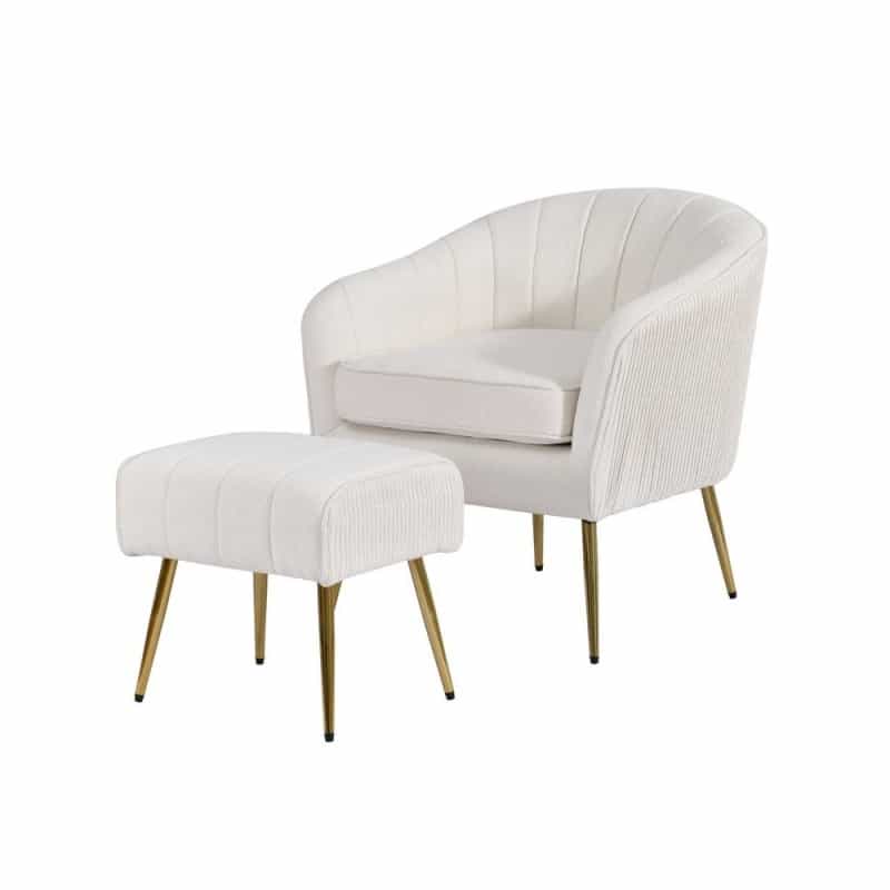 2 Piece Barrel Chair With Matching Ottoman In Beige And Gold