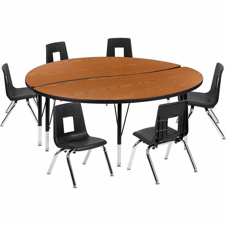 60" Circle Wave Activity Table Set With 14" Student Stack Chairs, Oak/Black