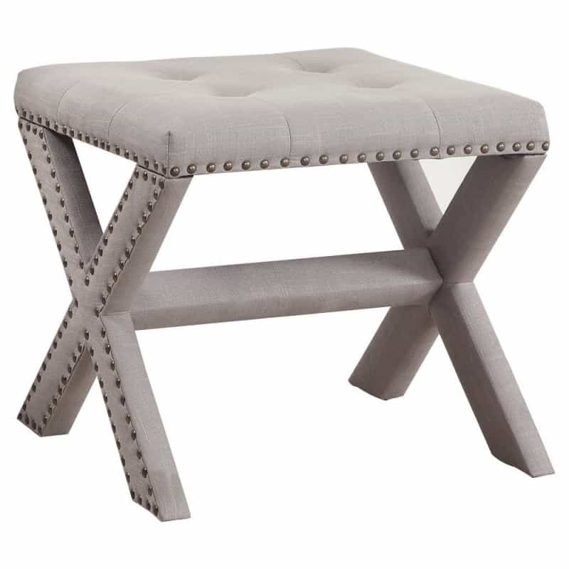 Best Master Fabric Upholstered Square Accent Bench In Neutral Gray/Nail Heads