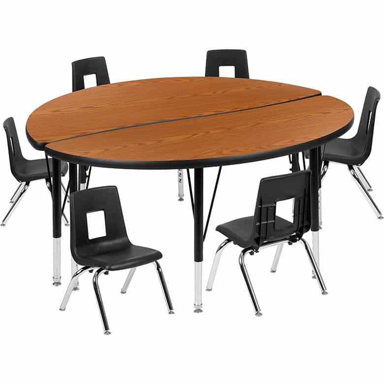 47.5" Circle Wave Activity Table Set With 12" Student Stack Chairs, Oak/Black