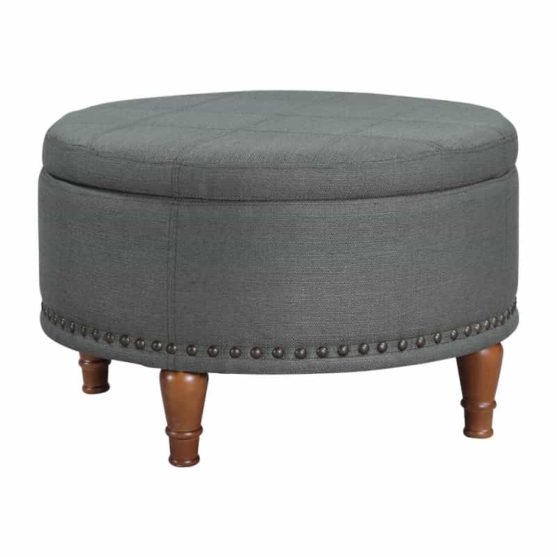 Alloway Storage Ottoman In Charcoal Fabric With Antique Bronze Nailheads