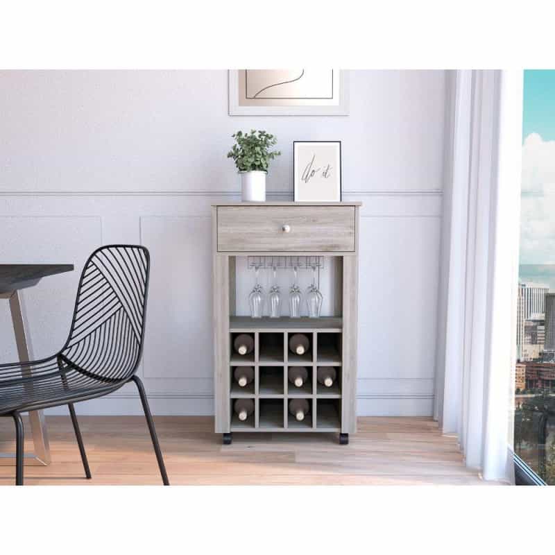 Depot E-Shop Margh Bar Cart, Twelve Wine Cubbies, Four Legs, One Open Shelf, Countertop- Light Grey, For Kitchen