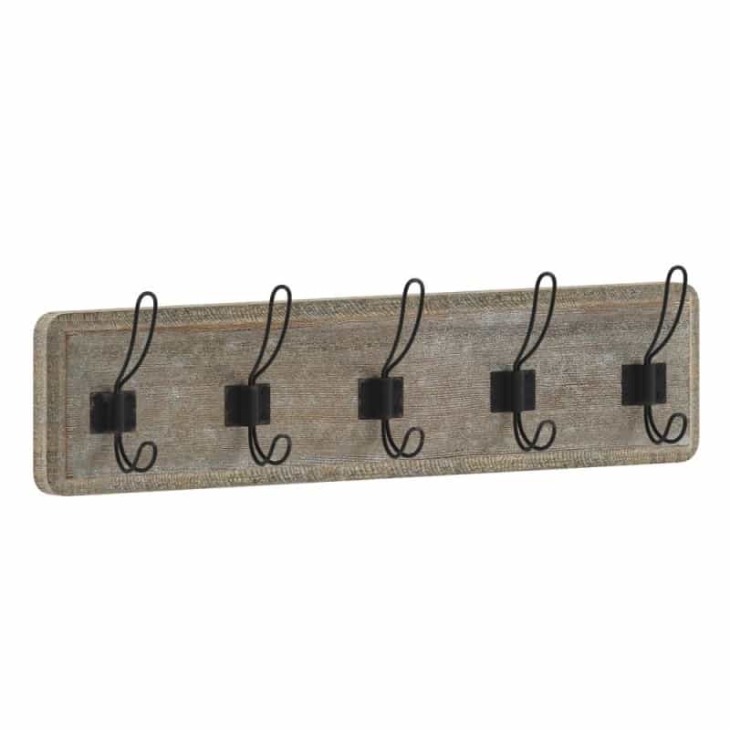 Wall Mounted 24 In Weathered Solid Pine Wood Storage Rack With 5 Hooks