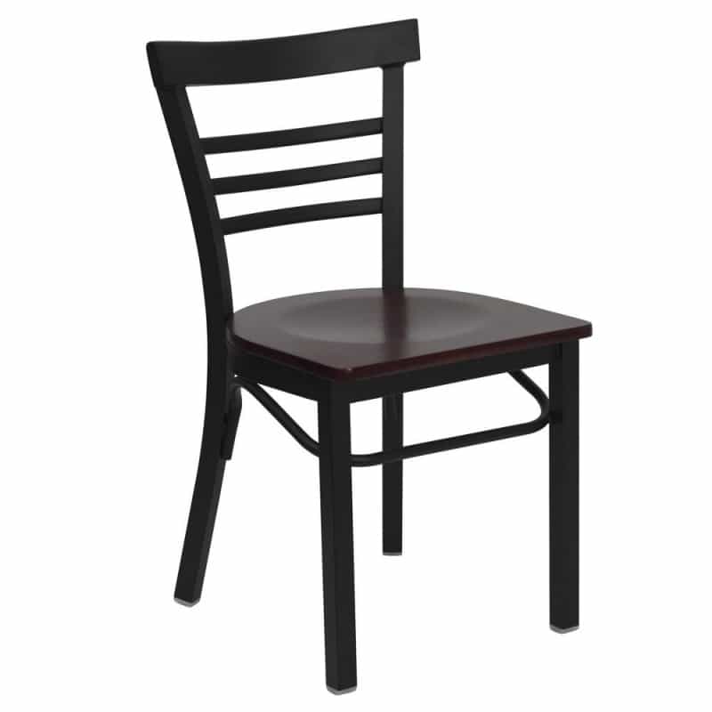 Black Three-Slat Ladder Back Metal Restaurant Chair - Mahogany Wood Seat