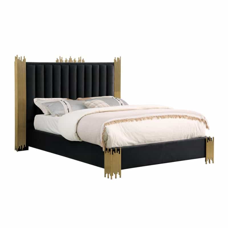 Queen Size Black Velvet Bed With Gold Corners (Platform)