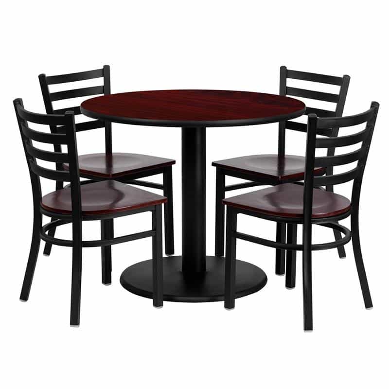 36'' Mahogany Table Set With 4 Ladder Back Metal Chairs - Mahogany Wood Seat