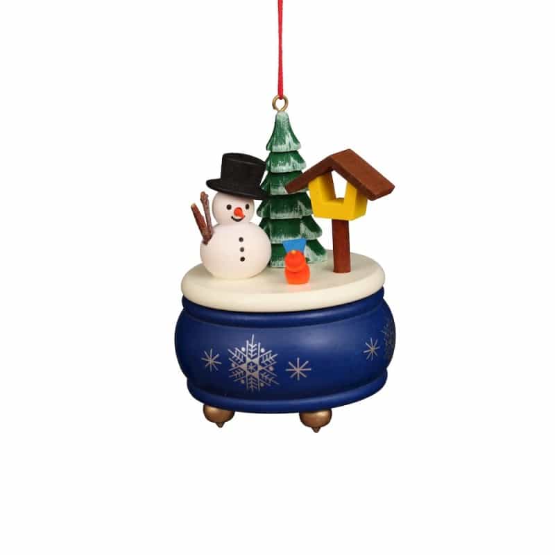 Ornament - Blue Music Box With Snowman - 3"H X 2.5"W X 2.5"d