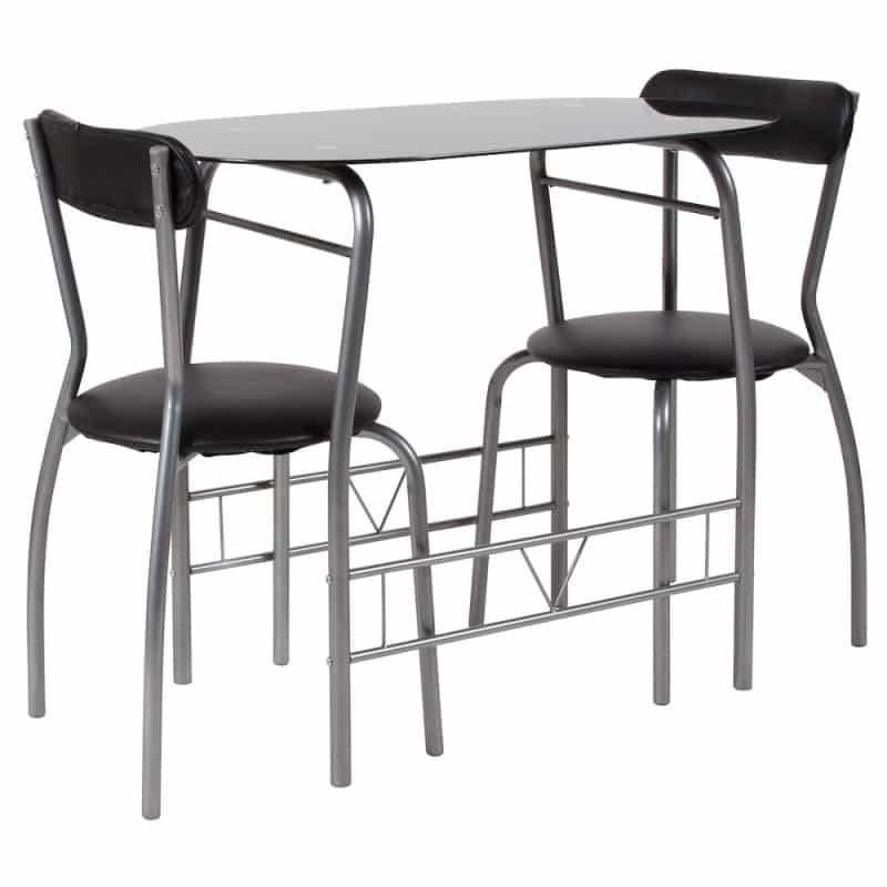 3 Piece Bistro Set With Black Glass Top Table And Black Vinyl Padded Chairs