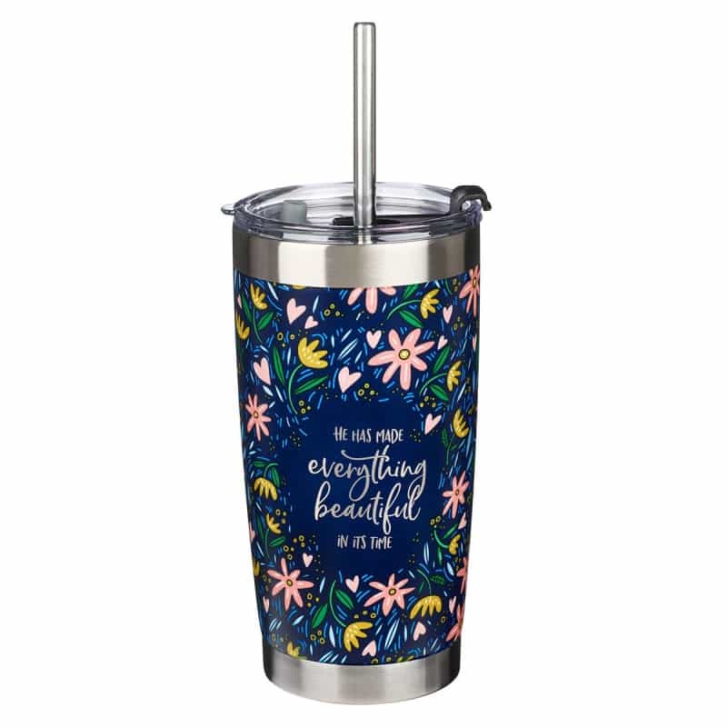 Mug Ss Travel Navy Floral Everything Beautiful Eccl. 3:11