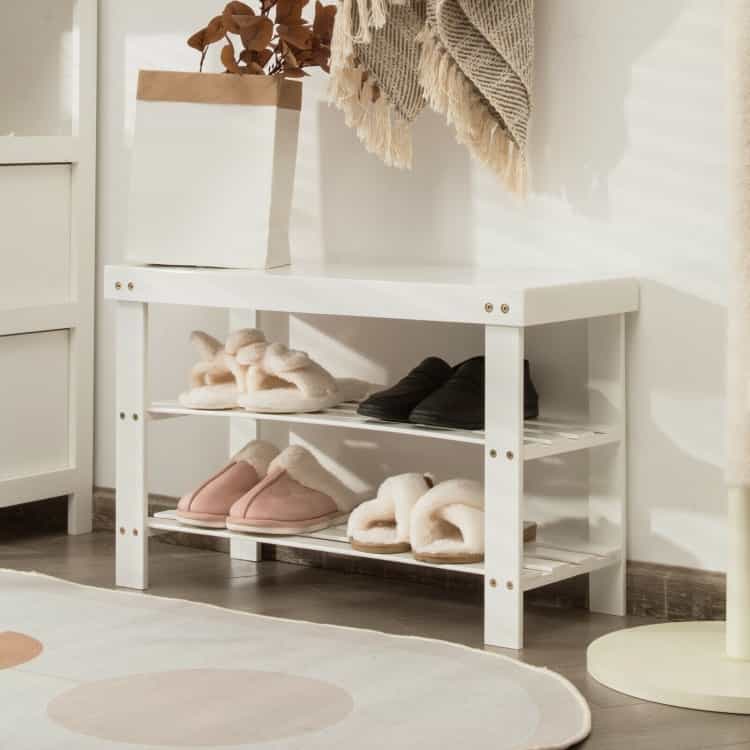 3-Tier Bamboo Shoe Bench Holds Up To 6 Pairs For Entry-White