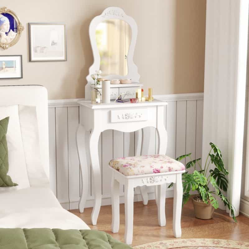 Makeup Dressing Table And Bench 3 Drawers And Cushioned Stool For Girls-White