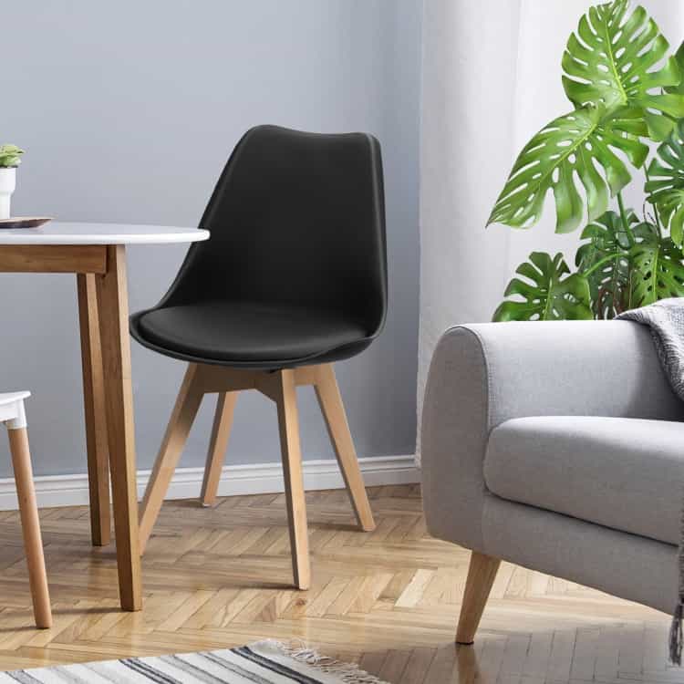 Set Of 4 Dining Chairs Mid-Century Modern Shell Pu Seat With Wooden Legs-Black
