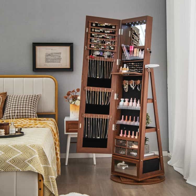 Lockable 360° Swivel Jewelry Cabinet With Full-Length Mirror Led Lights-Walnut