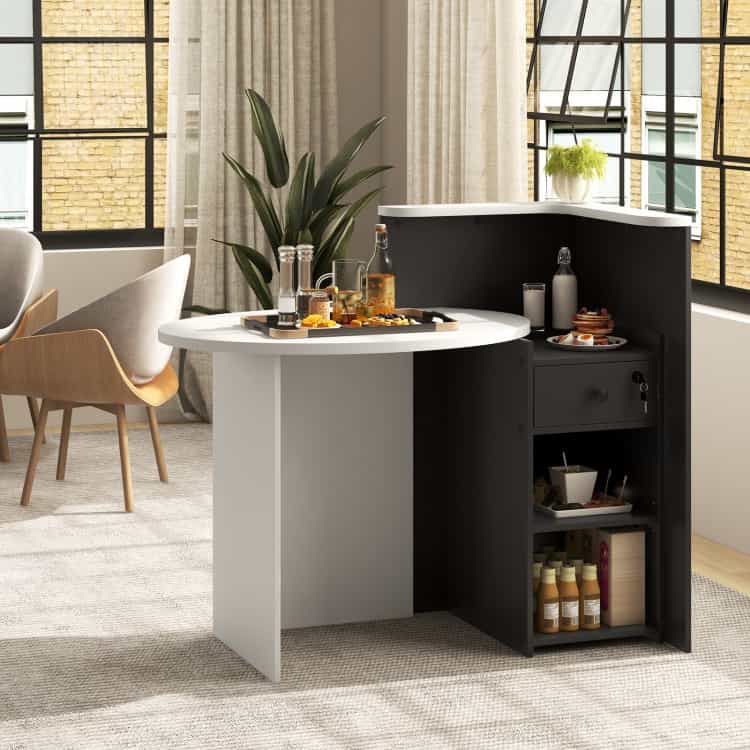 Front Reception Office Desk With Open Shelf And Drawer-Black & White