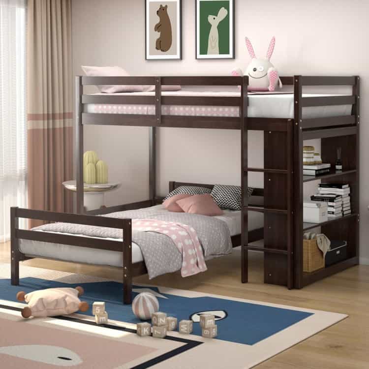 Twin Over Twin Loft Bunk Bed With Bookcase-Dark Brown