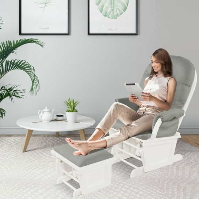 Wood Baby Glider And Ottoman Cushion Set With Padded Armrests For Nursing
