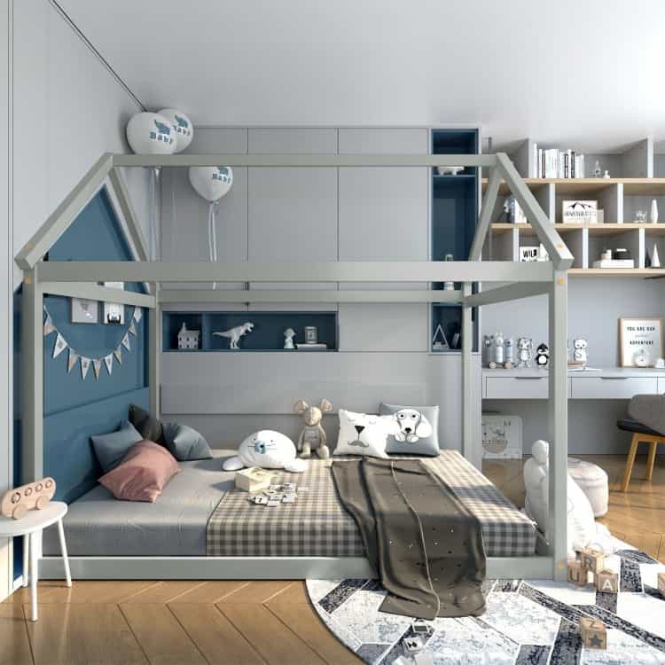 Stable Kids Platform Floor Bed With Roof And Heavy-Duty Slats-Gray