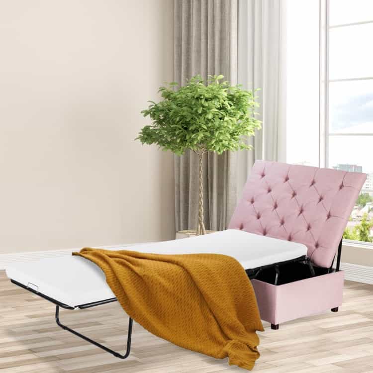 Folding Ottoman Sleeper Bed With Mattress For Guest Bed And Office Nap-Pink