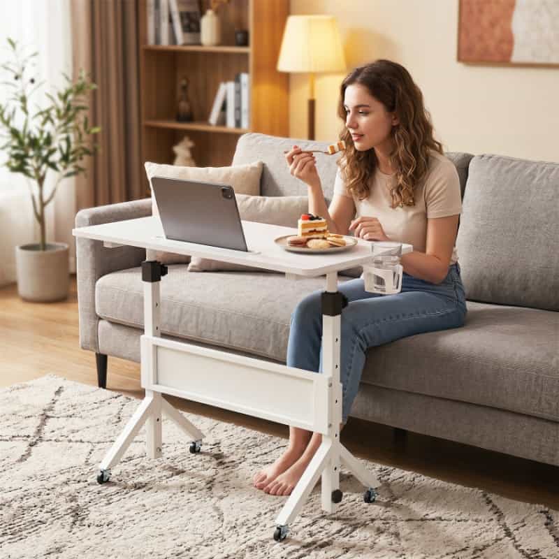 Mobile Standing Desk Height Adjustable Rolling Laptop Desk With Cup Holder Storage Basket-White