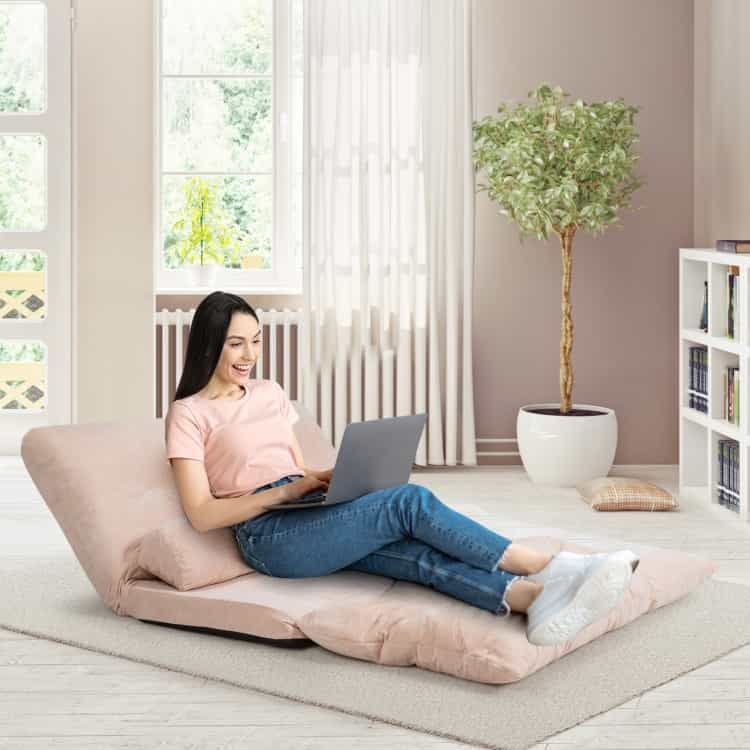 6-Position Adjustable Sleeper Lounge Couch With 2 Pillows-Beige