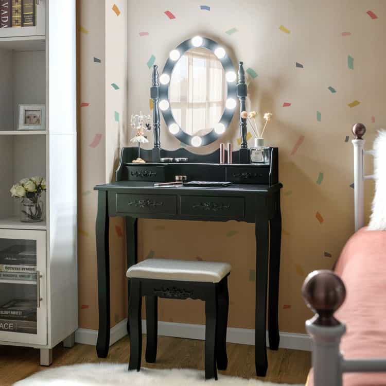 Makeup Dressing Table With Touch Switch Lighted Mirror And Cushioned Stool-Black