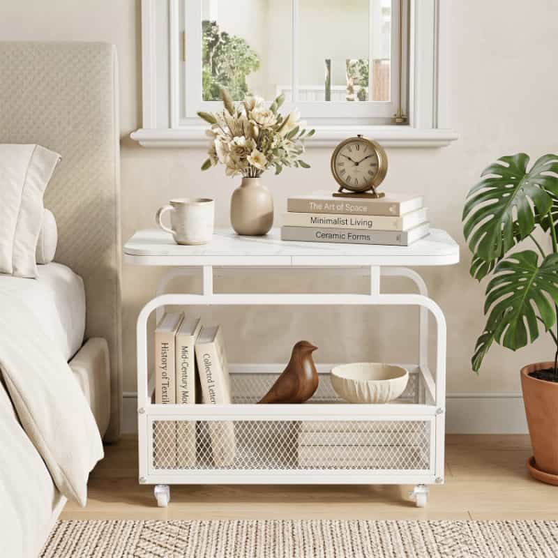 Rolling Side Table 2-Tier Narrow End Table With Mesh Storage Basket-White