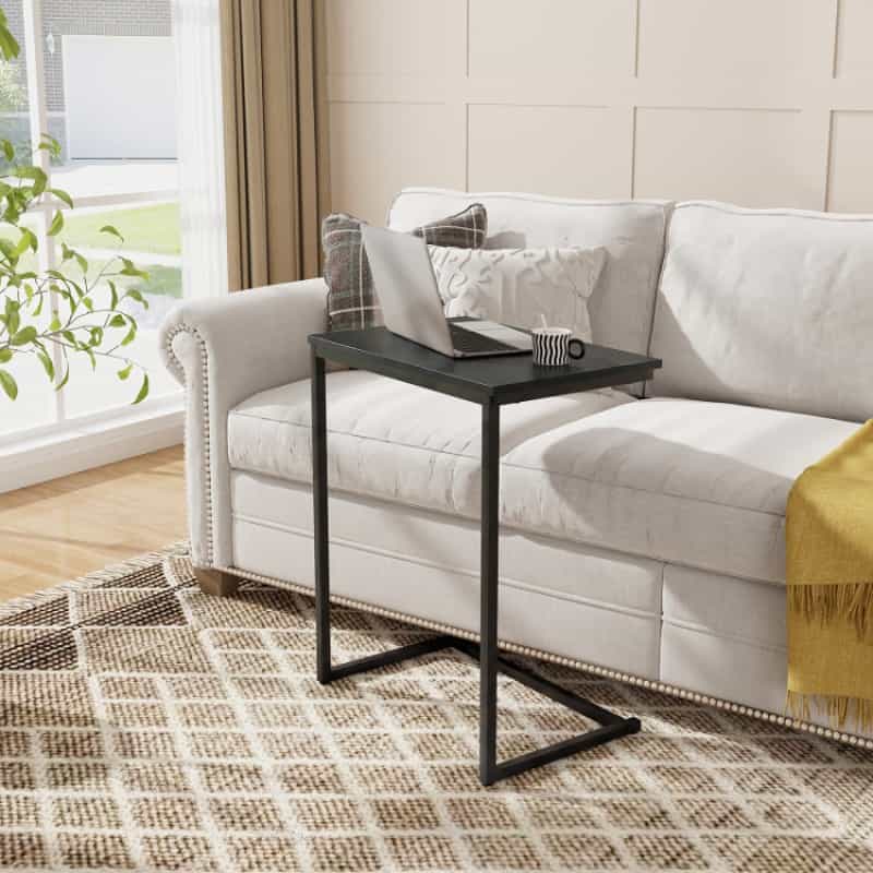 C-Shaped Side Table Sofa Snack End Table With Metal Frame-Black