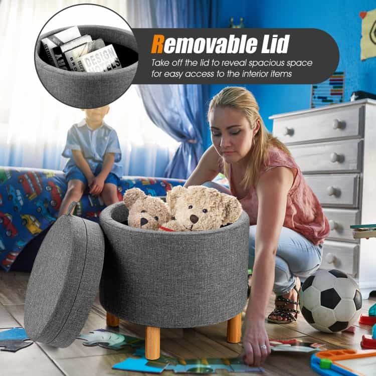 Round Fabric Storage Ottoman With Tray And Non-Slip Pads For Bedroom-Gray