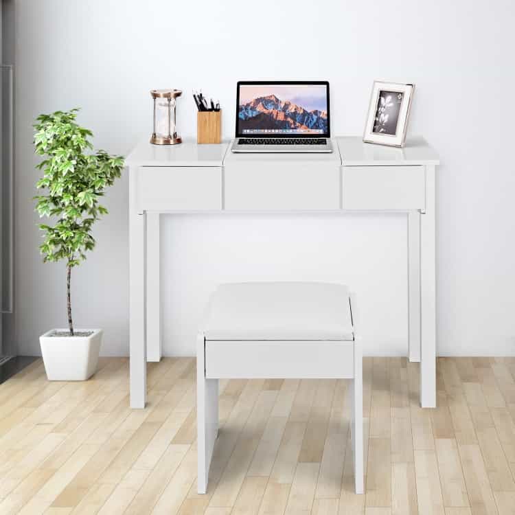 Vanity Makeup Dressing Table Set With Flip Top Mirror And Cushioned Stool-White