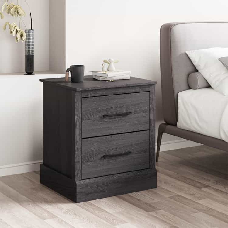 Wood Compact Floor Nightstand With Storage Drawers-Dark Gray