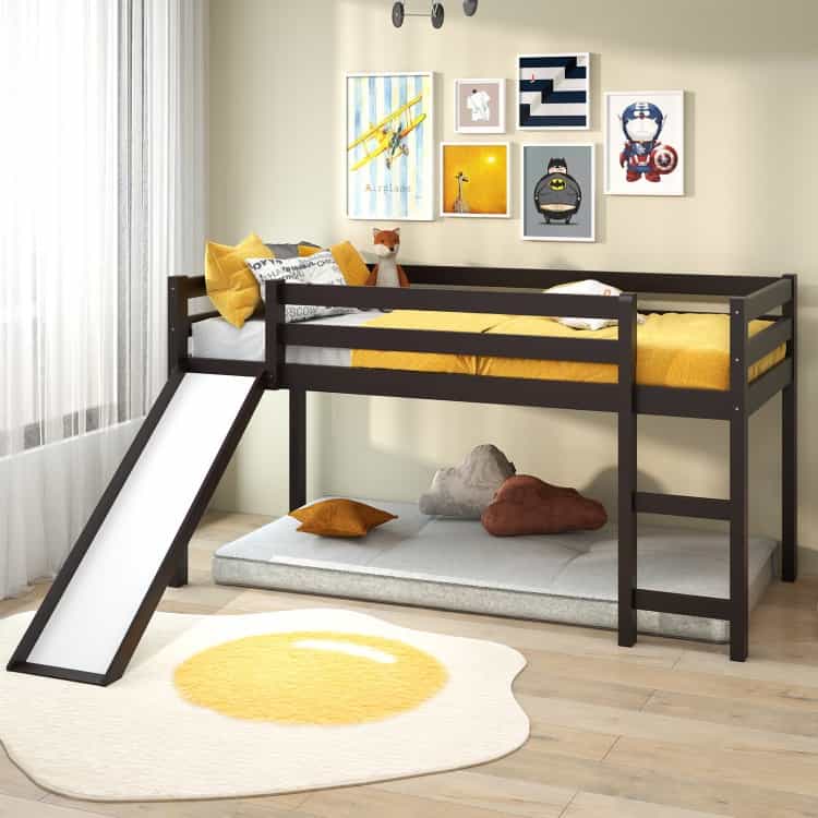 Twin Size Low Sturdy Loft Bed With Slide Wood-Dark Brown
