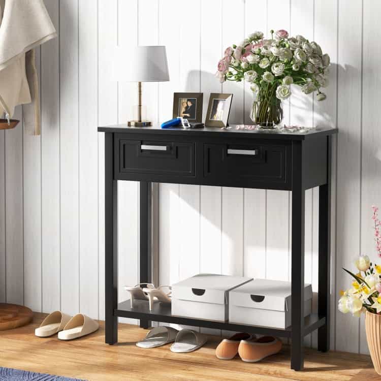 Narrow Console Table With Drawers And Open Storage Shelf-Black