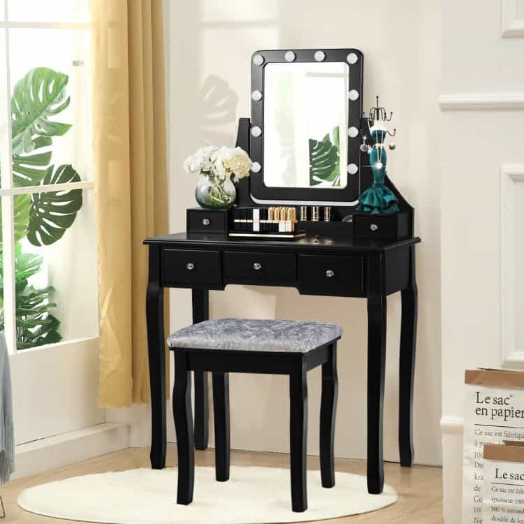 Vanity Dressing Table Set With 10 Dimmable Bulbs And Cushioned Stool-Black