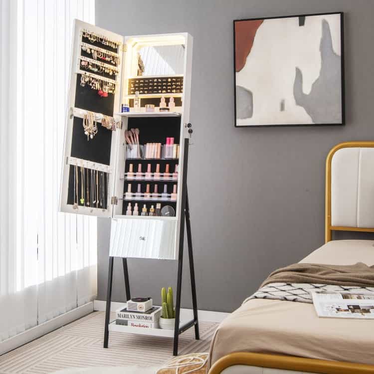 Lockable Freestanding Jewelry Organizer With Full-Length Frameless Mirror-White