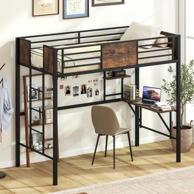 Space-Saving Twin Loft Bed With Safety Guardrail And Ladder-Coffee