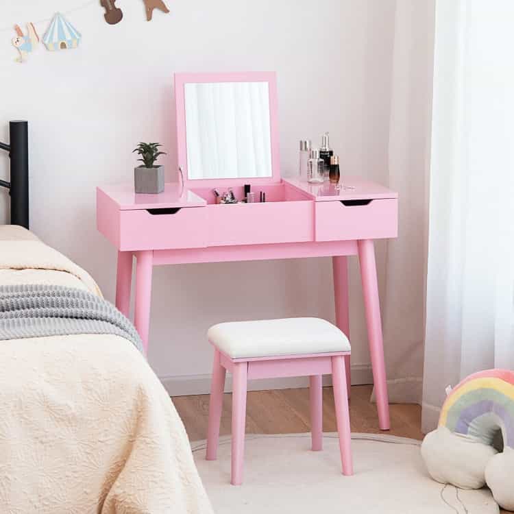 Makeup Vanity Table Set With Flip Top Mirror And 2 Drawers-Pink