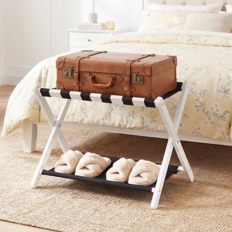 Solid Rubberwood Folding Luggage Rack With Nylon Shelves-White