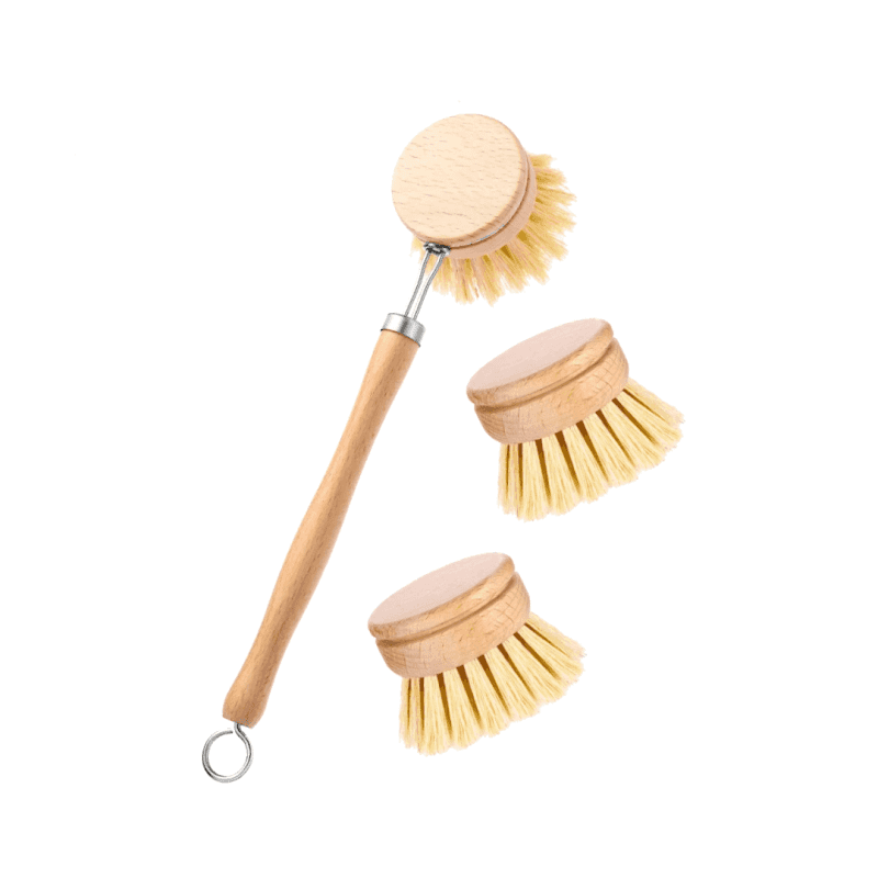 Wooden And Sisal Dish Brush With 2 Pieces Replacement Brush Heads