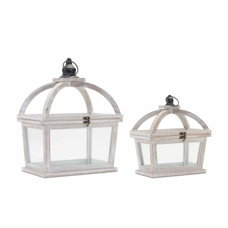 Lantern (Set Of 2) 9.5"L X 11"H, 12.25"L X 16"H Wood/Glass