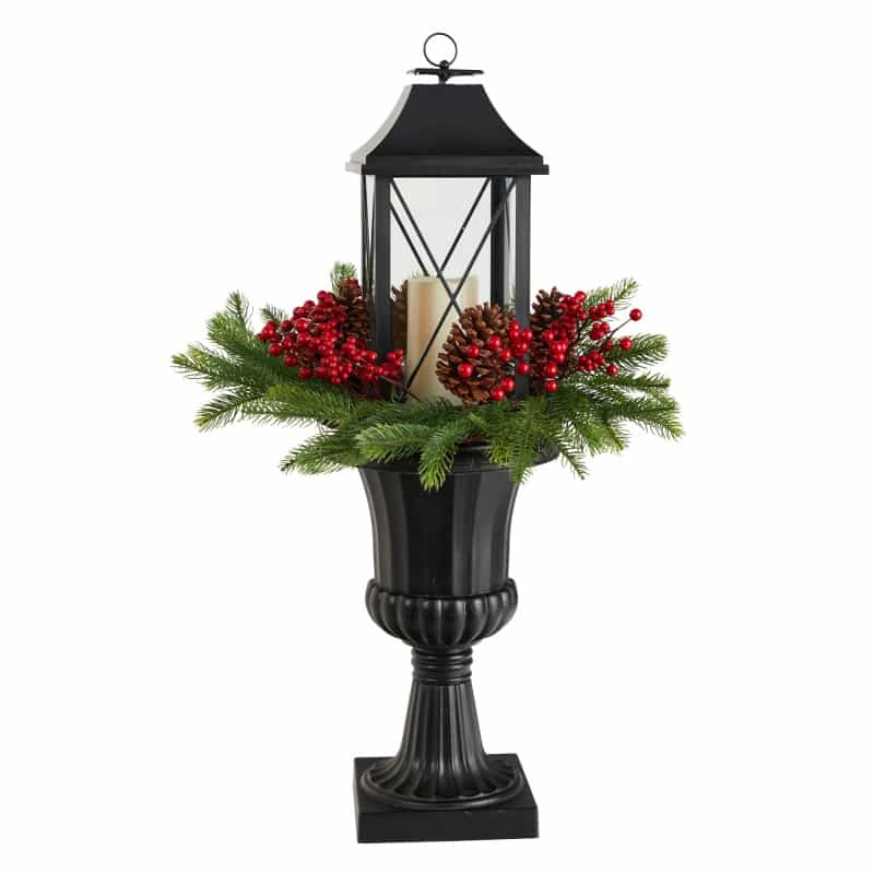 33” Holiday Greenery, Berries And Pinecones In Decorative Urn With Large Lantern