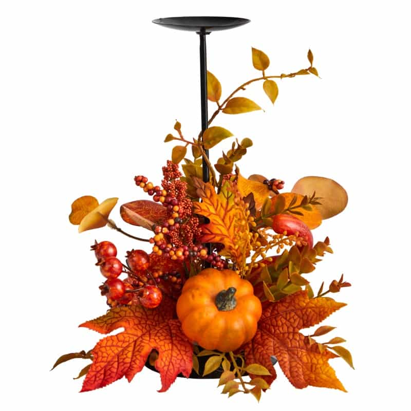 12” Fall Maple Leaves, Berries And Pumpkin Autumn Harvest Candle Holder